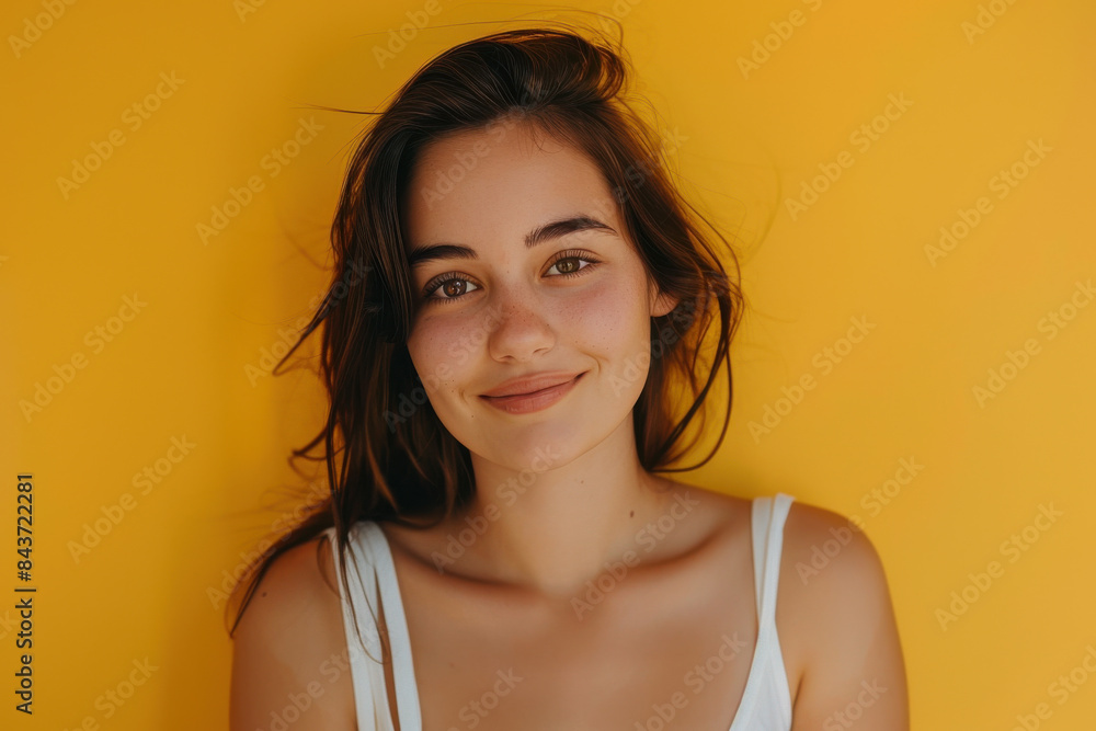 A close up portrait of a young woman with a subtle smile A close up portrait of a young woman with a subtle smile