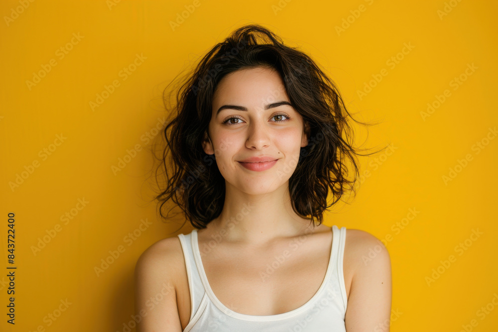 A close up portrait of a young woman with a subtle smile A close up portrait of a young woman with a subtle smile
