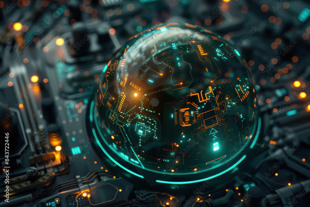 A computer chip with a glowing blue sphere on top A computer chip with a glowing blue sphere on top