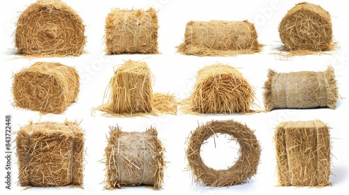 Closeup view of dry crop hay bale stack over white background isolated