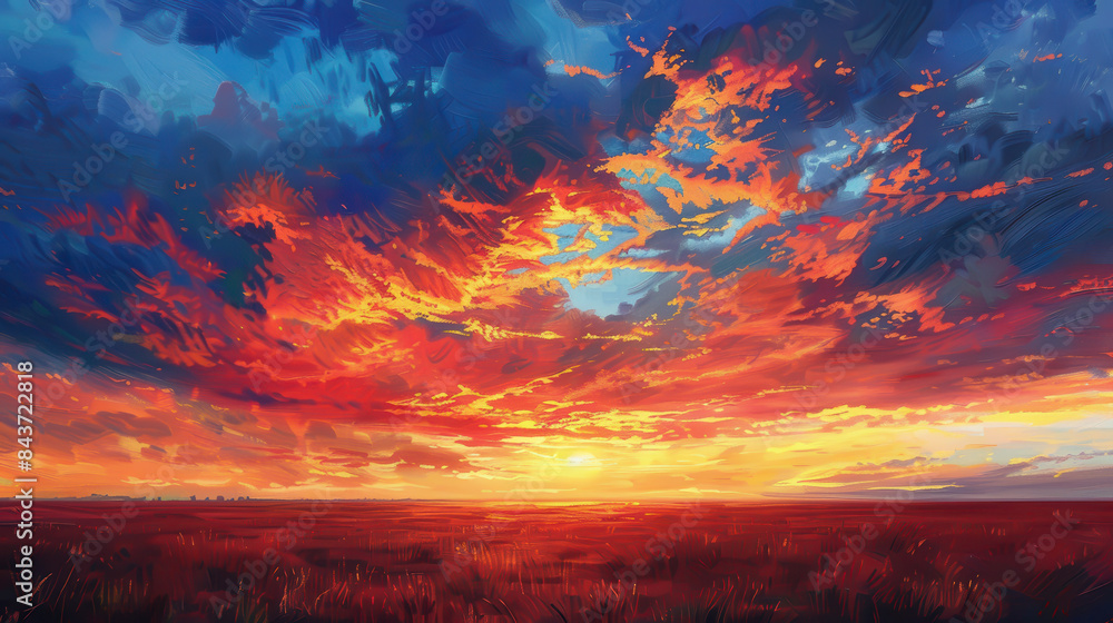 Fototapeta premium A painting of a sunset with a large orange and red sky