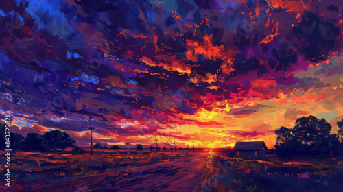 A painting of a sunset with a house in the background