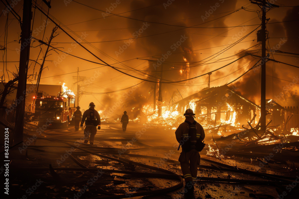Fototapeta premium A group of firefighters are walking through a burning building