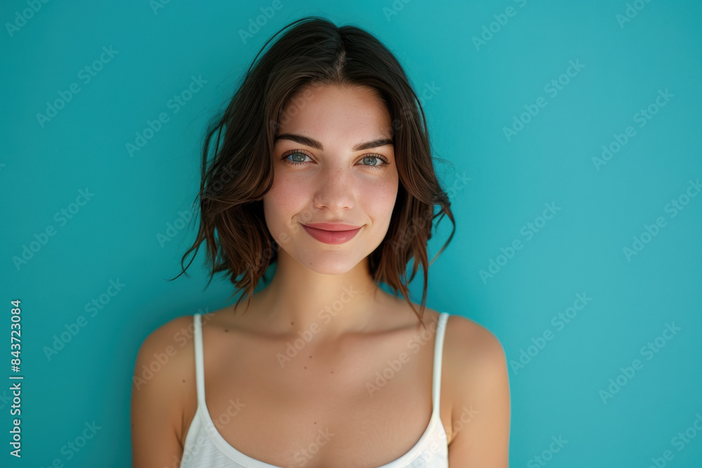 A close up portrait of a young woman with a subtle smile A close up portrait of a young woman with a subtle smile