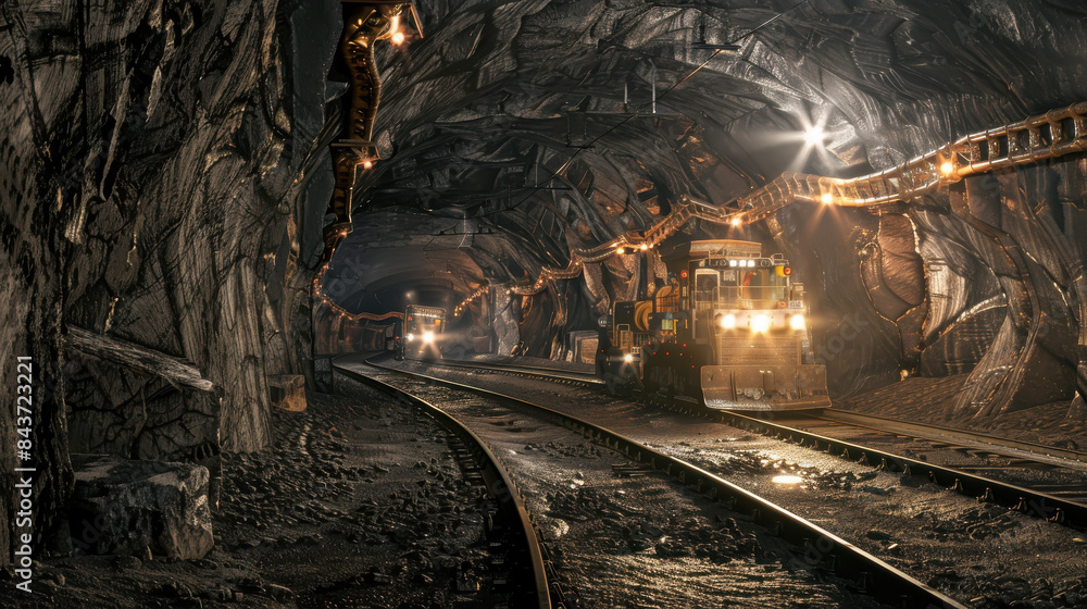 Fototapeta premium A train is traveling through a tunnel in a dark, gloomy cave