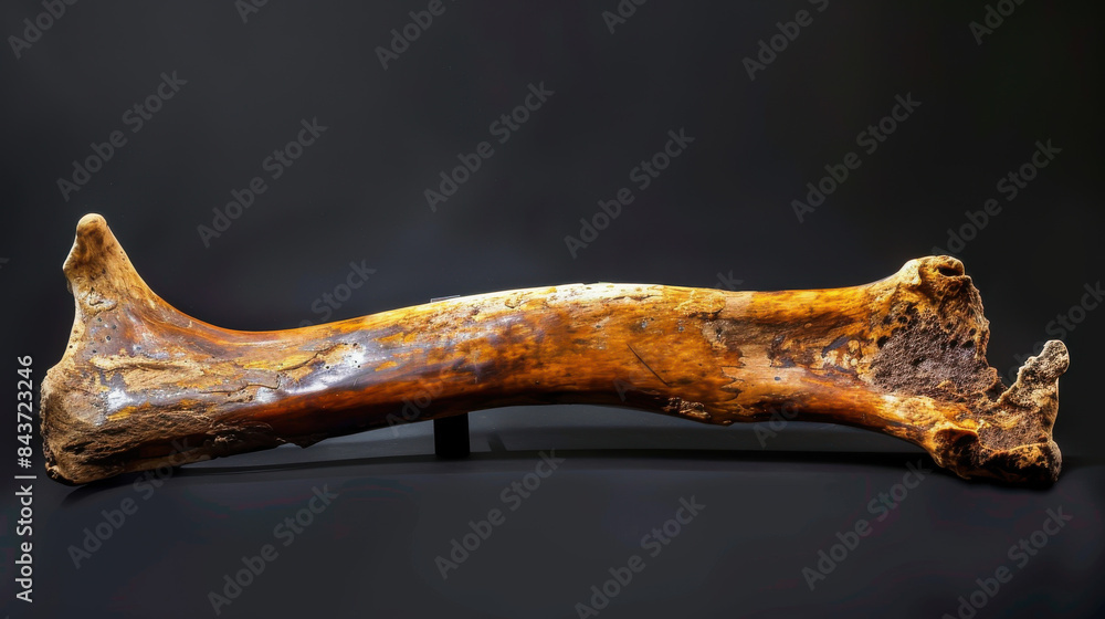 A large bone is on display, with a black background A large bone is on display, with a black background