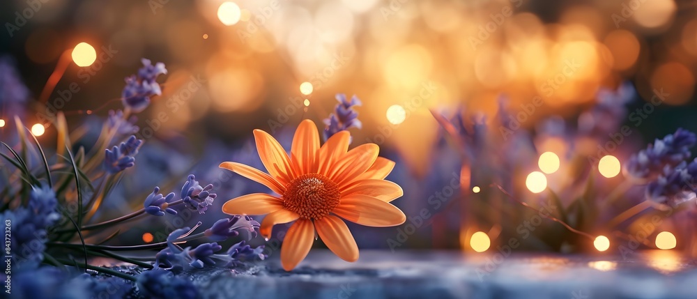 Enchanting Orange Daisy Flower and Lavender Blooms with Bokeh Lights in Serene Garden Setting Enchanting Orange Daisy Flower and Lavender Blooms with Bokeh Lights in Serene Garden Setting