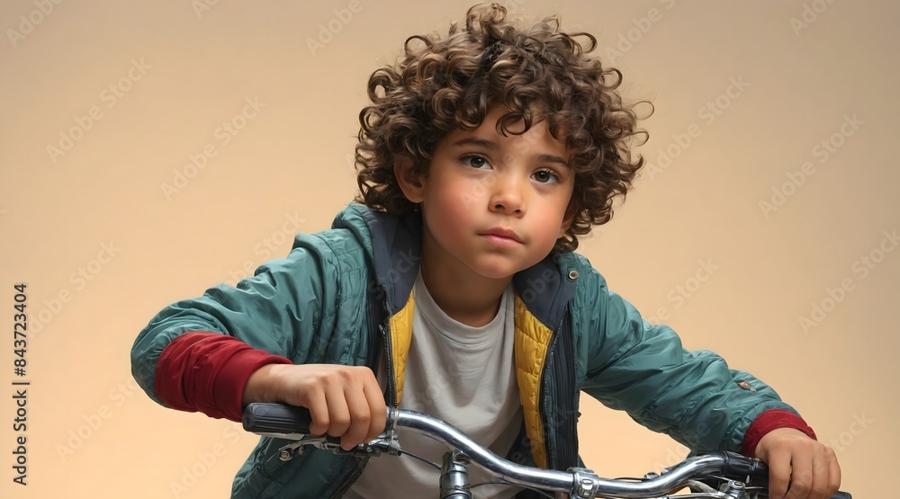 A young boy with curly hair is riding a bicycle. A young boy with curly hair is riding a bicycle.
