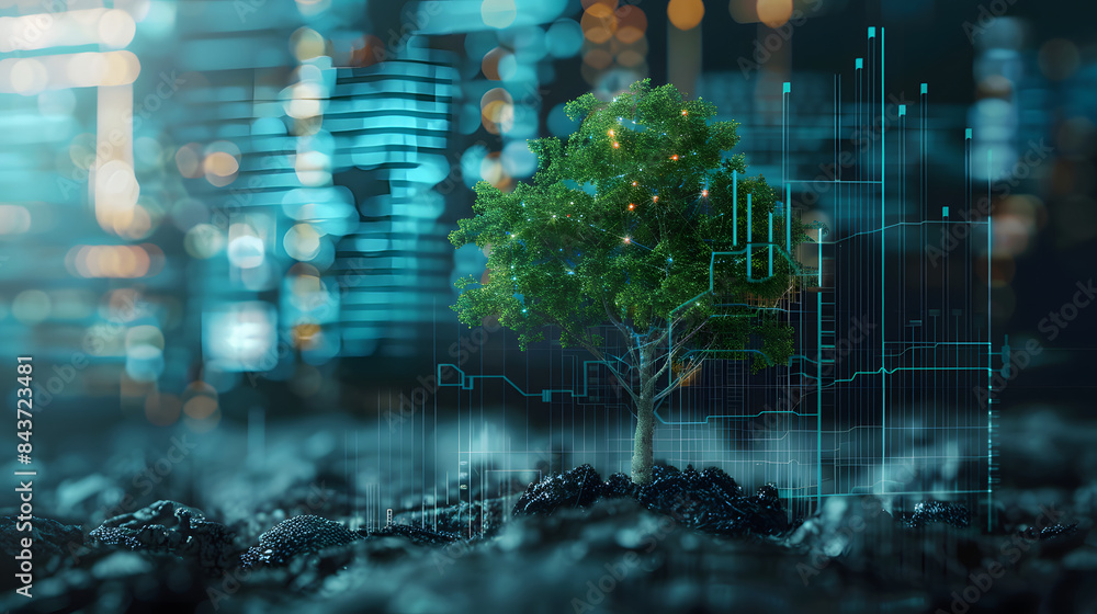 A growing tree surrounded digital graphs and charts. symbolizing growth in business sustainability. The background is blurred A growing tree surrounded digital graphs and charts. symbolizing growth in business sustainability. The background is blurred