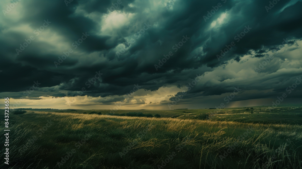 A field of grass is covered in dark clouds A field of grass is covered in dark clouds