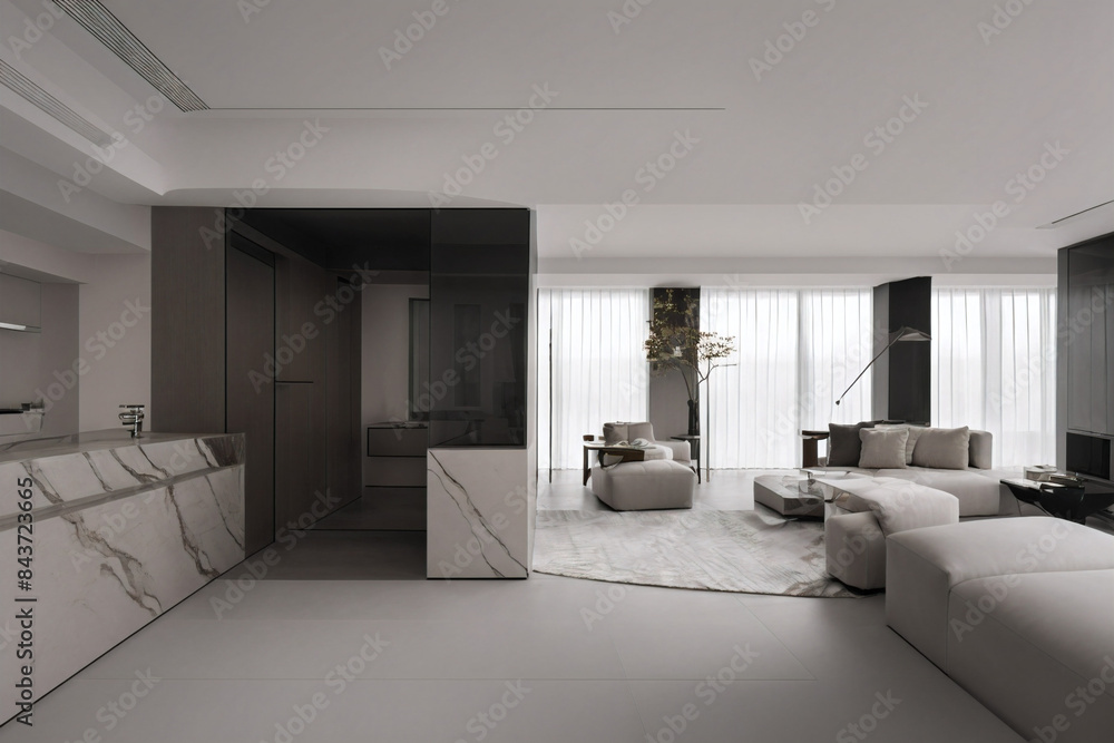 Fototapeta premium Dark living room interior with black empty wall. Stylish Interior Design Background. Industrial Living Room