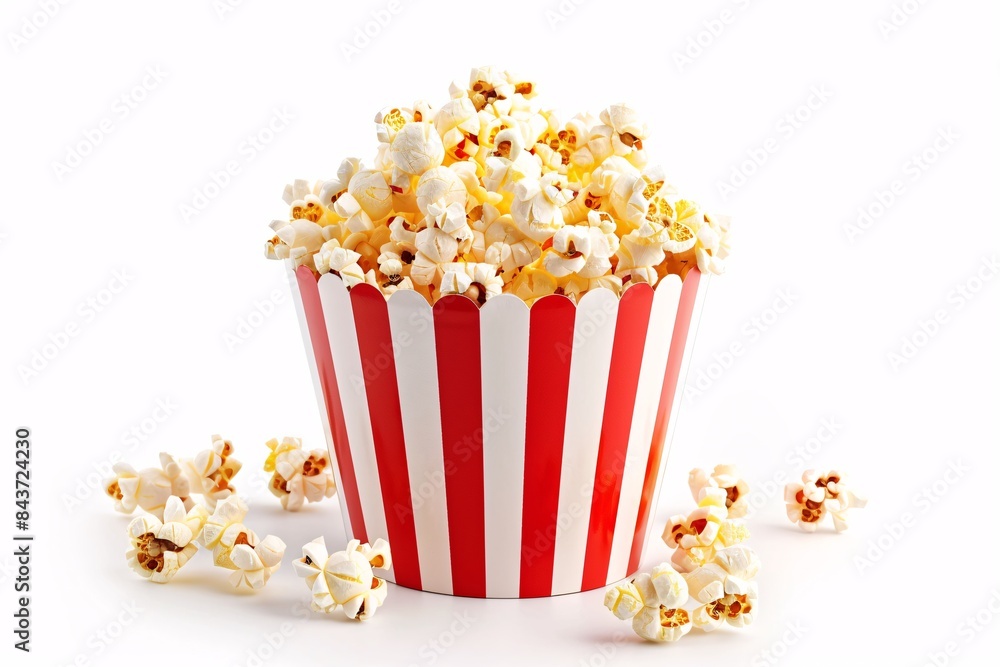 Popcorn in Red and White Striped Bucket, Isolated on White Background Popcorn in Red and White Striped Bucket, Isolated on White Background
