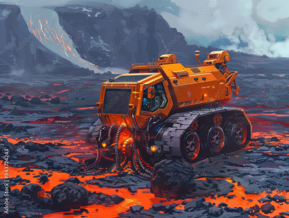 A large orange vehicle is driving through a lava field A large orange vehicle is driving through a lava field