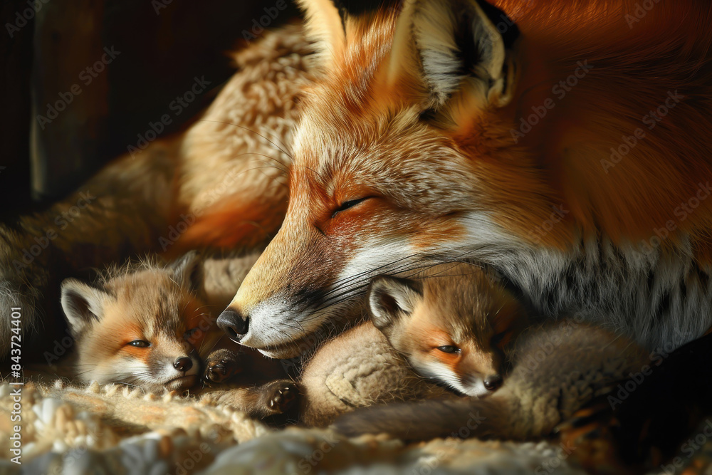 A mother fox is laying down with her two babies A mother fox is laying down with her two babies