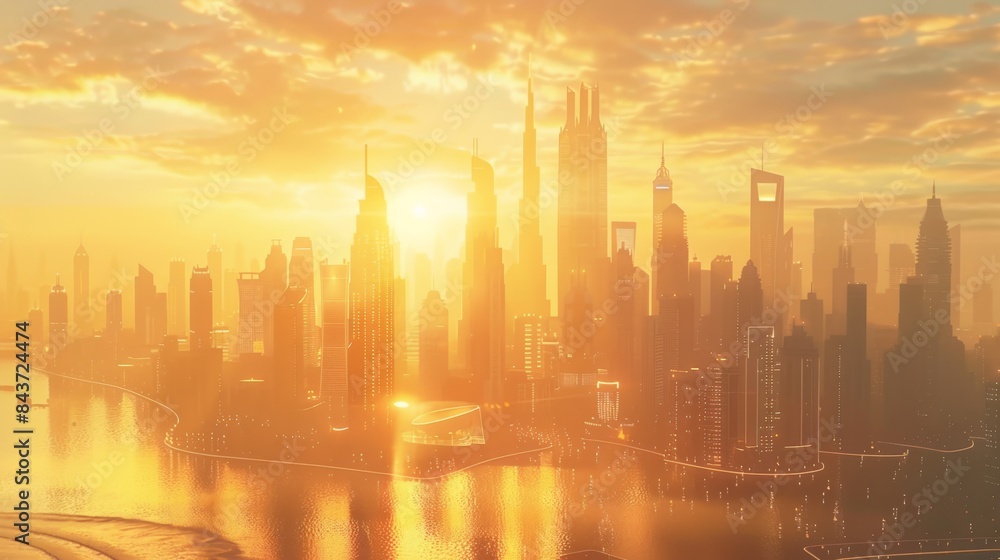 Fototapeta premium Aerial view of a modern city skyline at sunrise, with sunlight reflecting off the skyscrapers and serene river in the foreground