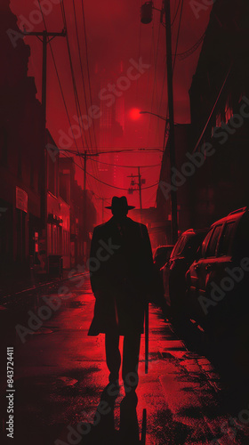A man in a hat walks down a street at night