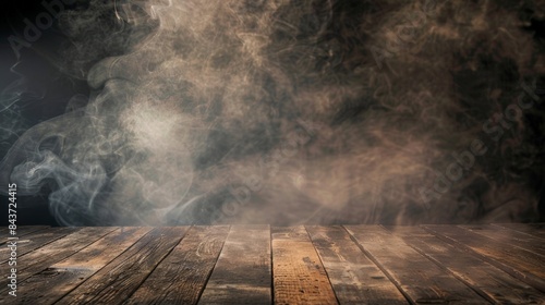 Atmospheric background of wooden floor with dramatic smoke, for creative, theatrical, or mystical design