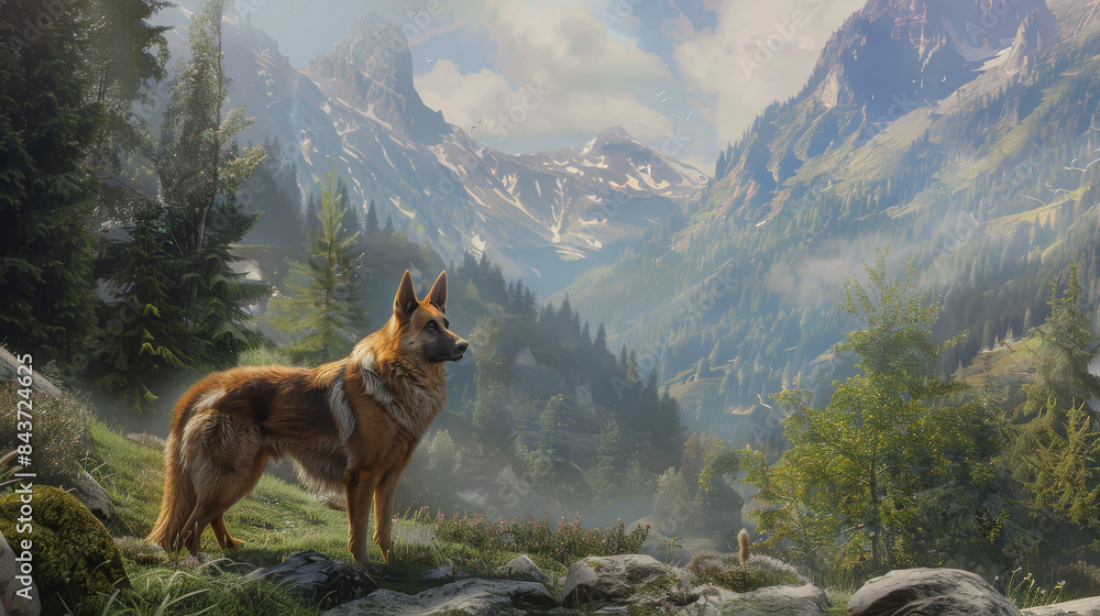A dog is standing in a field of grass and trees A dog is standing in a field of grass and trees