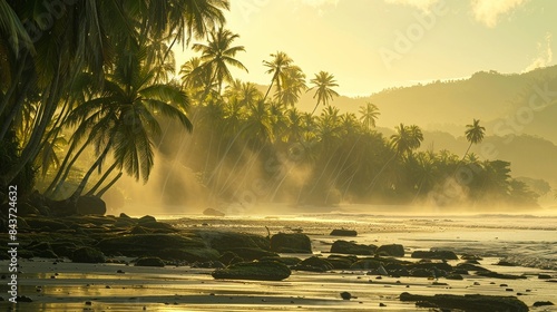 Fototapeta Naklejka Na Ścianę i Meble -  Rocky tropical beach with palm tree