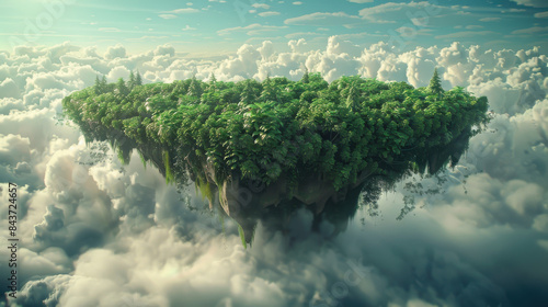 A lush green island is floating in the sky above a cloudy backdrop