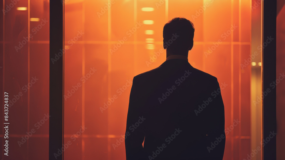 A man in a suit is standing in front of a window, looking out at the street