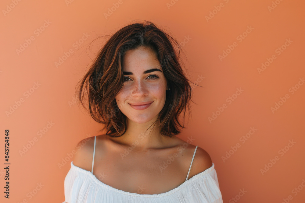 A close up portrait of a young woman with a subtle smile A close up portrait of a young woman with a subtle smile