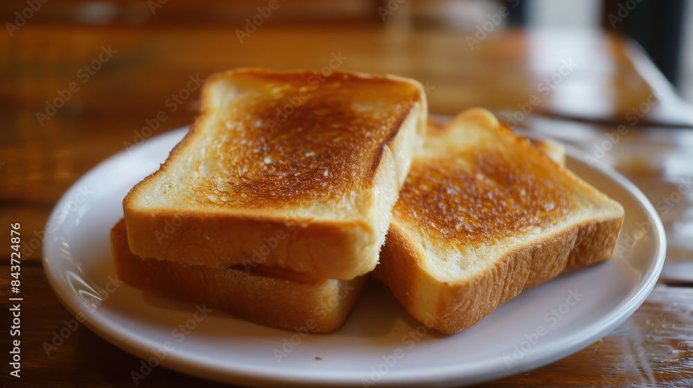Three slices of toast are on a white plate Three slices of toast are on a white plate