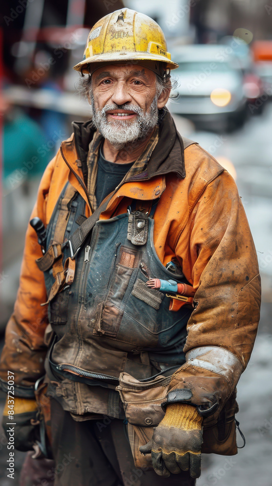 A man in a yellow jacket and a hard hat is smiling A man in a yellow jacket and a hard hat is smiling