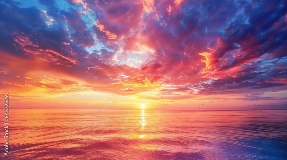 Stunning vibrant sunset over calm ocean with colorful clouds reflecting on the water, serene natural scene Stunning vibrant sunset over calm ocean with colorful clouds reflecting on the water, serene natural scene