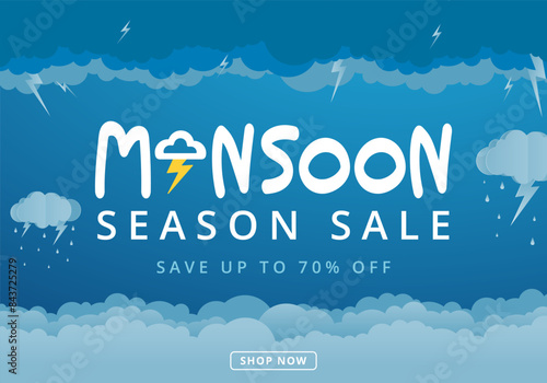 monsoon sale banner with rain background.