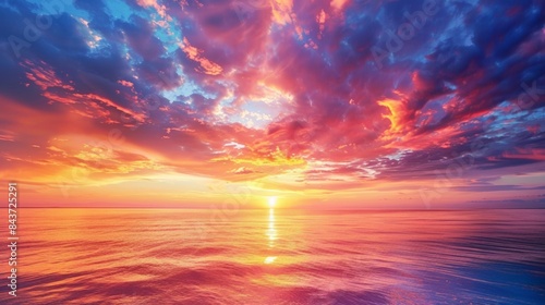 Stunning vibrant sunset over calm ocean with colorful clouds reflecting on the water, serene natural scene