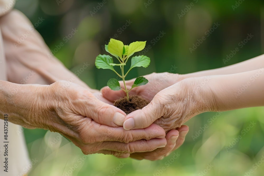 elderly people hands holding a young plant elderly people hands holding a young plant