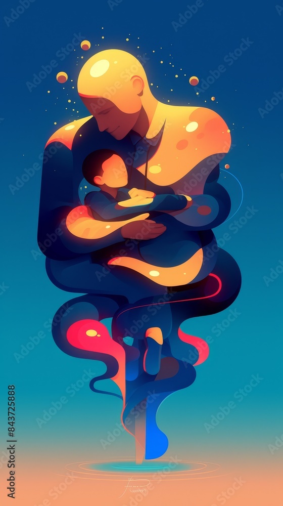 Fototapeta premium Abstract fluid shapes in bold colors on green background form a father holding his child shape, art, flat, father's day, holiday, love, family, Spring Festival reunion, decorative painting, pendant, h