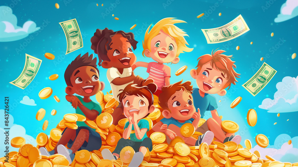 Fototapeta premium Happy Children Sitting on Pile of Gold Coins and Dollar Bills with Blue Sky