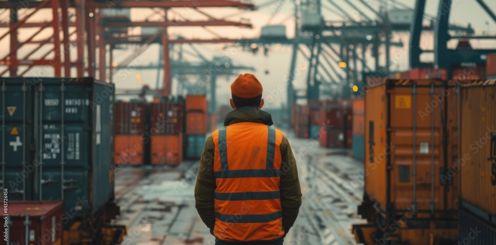 Worker in high-visibility vest stands at the freight port Worker in high-visibility vest stands at the freight port