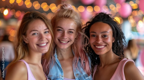 Three women stand close together, smiling for a photo. Breast cancer awareness Day