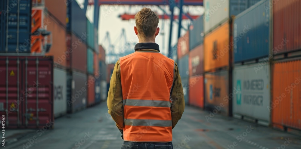 Worker in high-visibility vest stands at the freight port