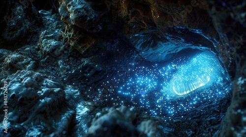 Enchanting Glowing Bioluminescent Organism in Dark Cave