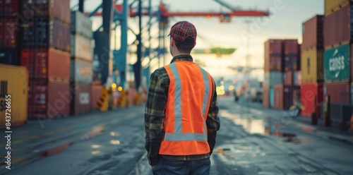 Worker in high-visibility vest stands at the freight port