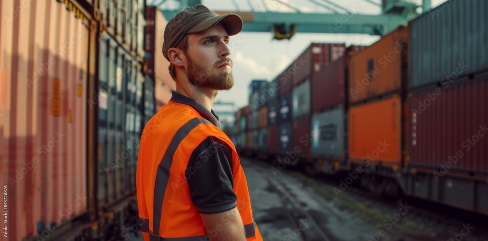 Worker in high-visibility vest stands at the freight port Worker in high-visibility vest stands at the freight port