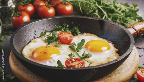 Close up view of the fried eggs on a frying pan. Salted and spiced food with parsley and tomatoes