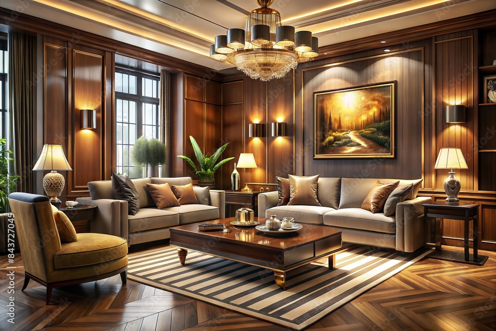 Fototapeta premium Step into a world of Art Deco opulence with a cinematic living room featuring luxurious wooden furniture, accented by lavish decor and rich textures.