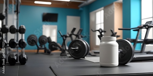 A protein powder container on a fitness studio background