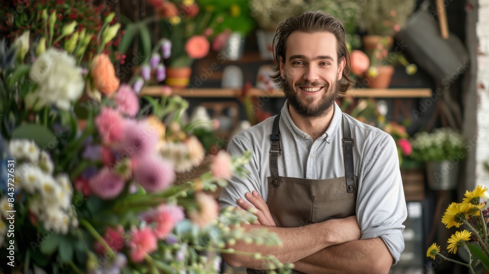 Smiling young male florist with beard and apron standing among colorful flowers in a floral shop, arms crossed, looking at camera Smiling young male florist with beard and apron standing among colorful flowers in a floral shop, arms crossed, looking at camera