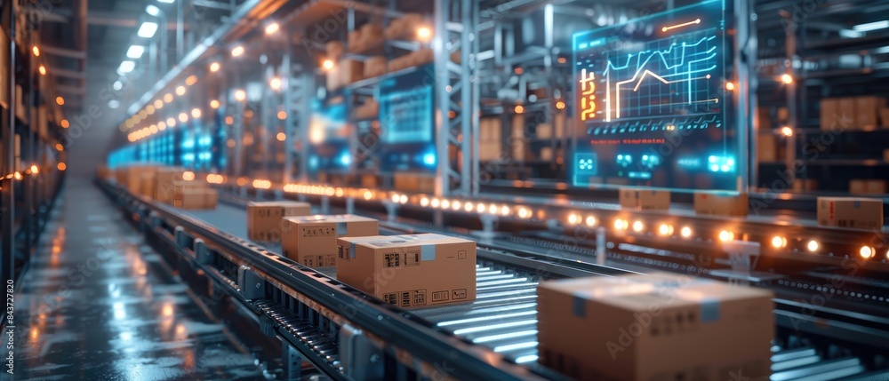 Automated warehouse conveyor belt with packages, futuristic technology displays in background, showcasing industry automation and logistics. Automated warehouse conveyor belt with packages, futuristic technology displays in background, showcasing industry automation and logistics.