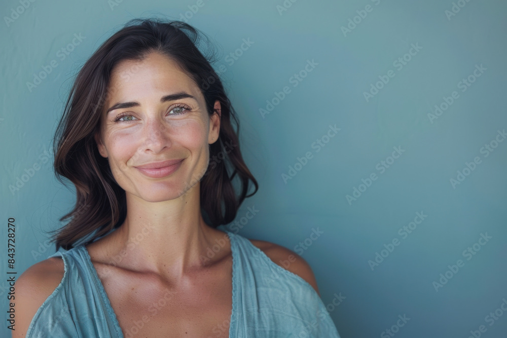 A close up portrait of a young woman with a subtle smile A close up portrait of a young woman with a subtle smile