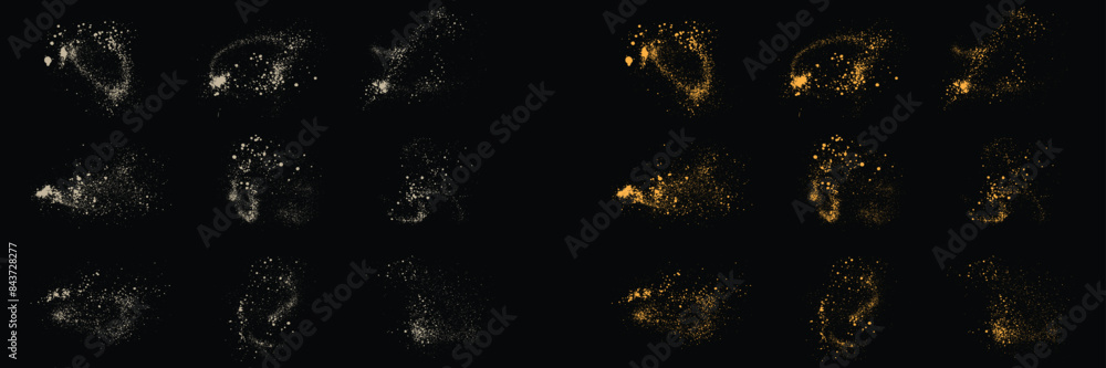 Obraz premium Vector illustration set of realistic gold glitter stardust and white color splatter texture