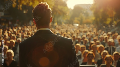 Back view of a man in a suit addressing a large audience outdoors during sunset, emphasizing public speaking and leadership. photo
