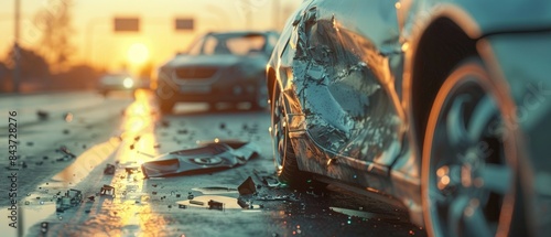 Close up of a damaged car after an accident on the road at sunset. Debris scattered around and another car in the background.