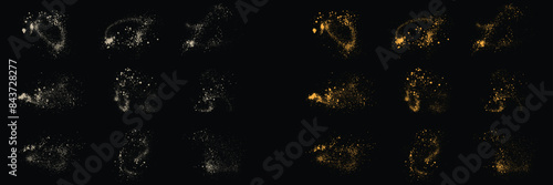 Vector illustration set of realistic gold glitter stardust and white color splatter texture